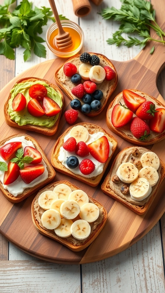 An assortment of creative toast topped with avocado, ricotta, nut butter, and fresh fruits on a wooden board.